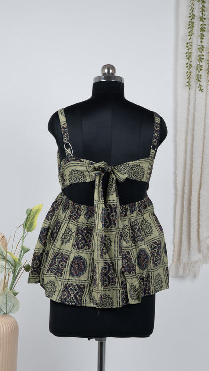 Beige Ajrakh-Inspired Cotton Tie-Back Dress