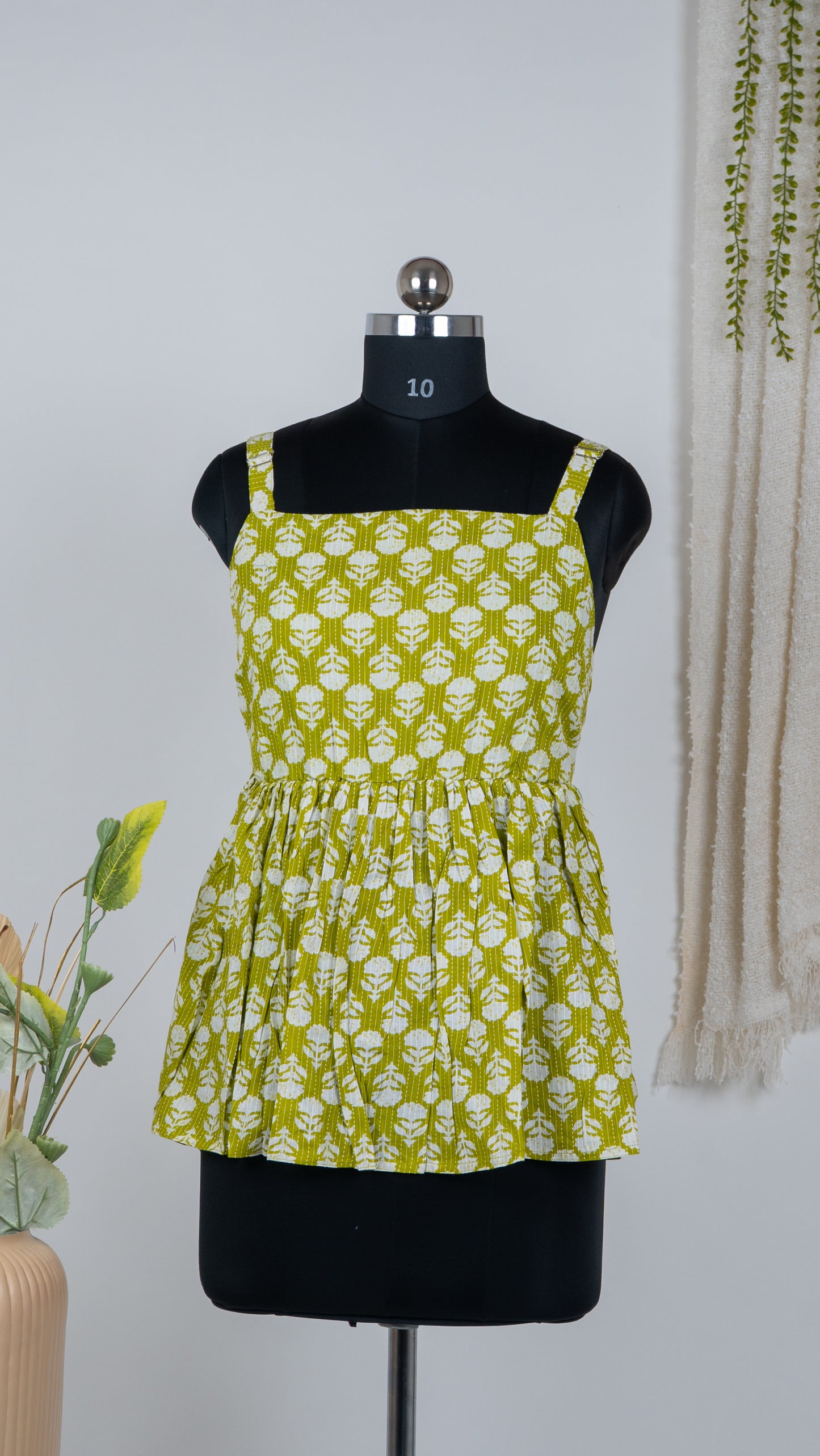 Lime Green Floral Block Print Cotton Tie-Back Dress