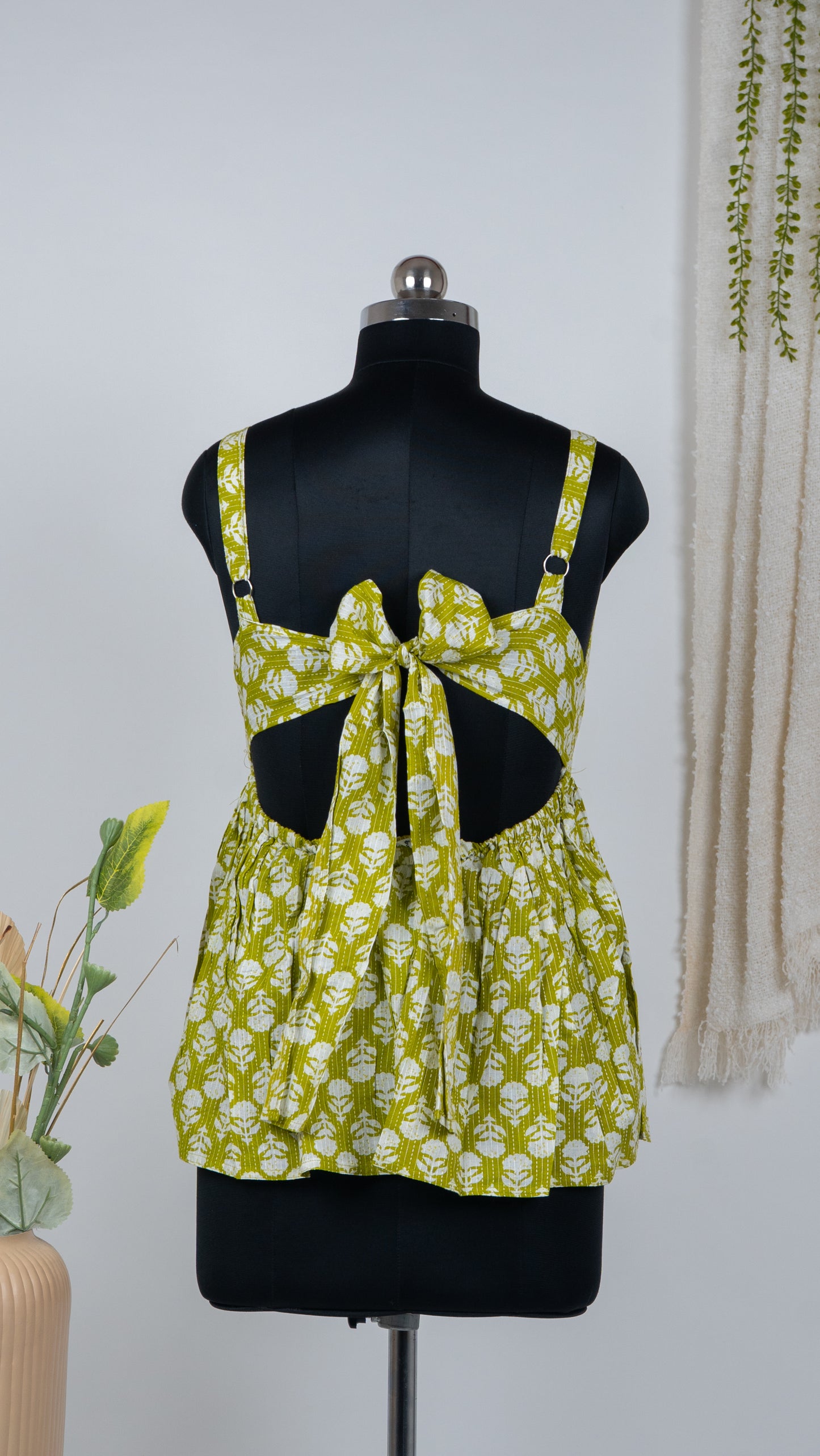 Lime Green Floral Block Print Cotton Tie-Back Dress