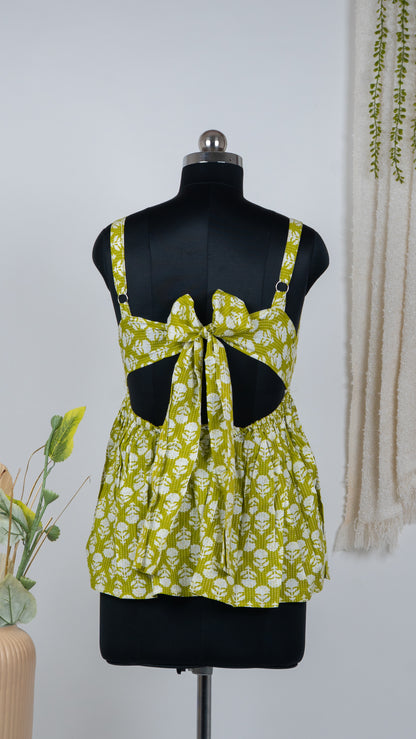 Lime Green Floral Block Print Cotton Tie-Back Dress