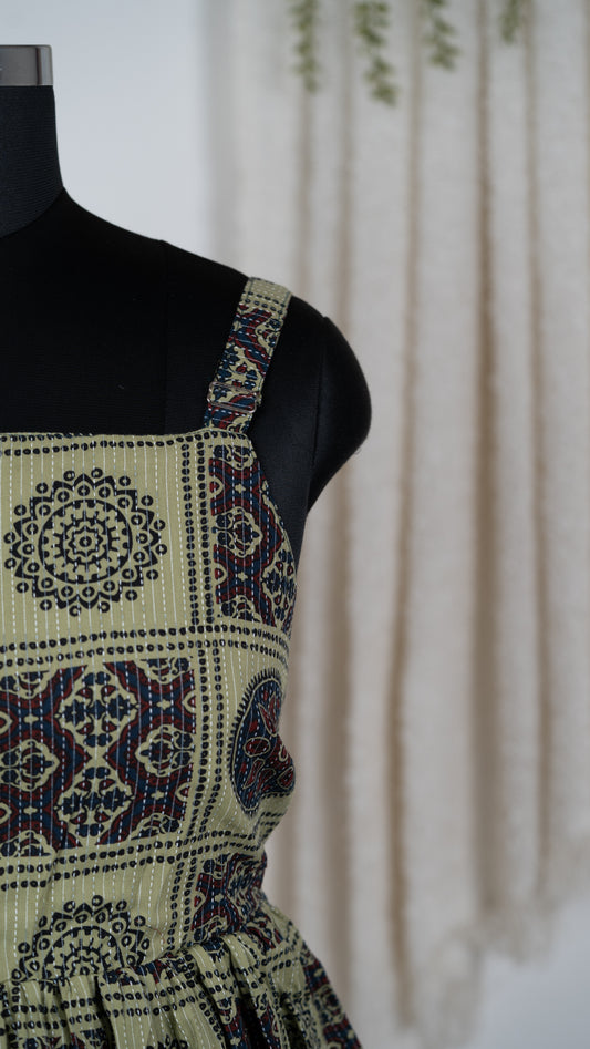 Beige Ajrakh-Inspired Cotton Tie-Back Dress