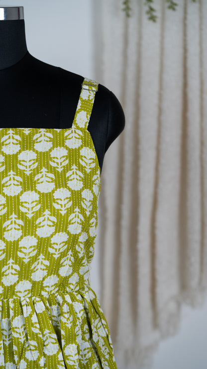 Lime Green Floral Block Print Cotton Tie-Back Dress