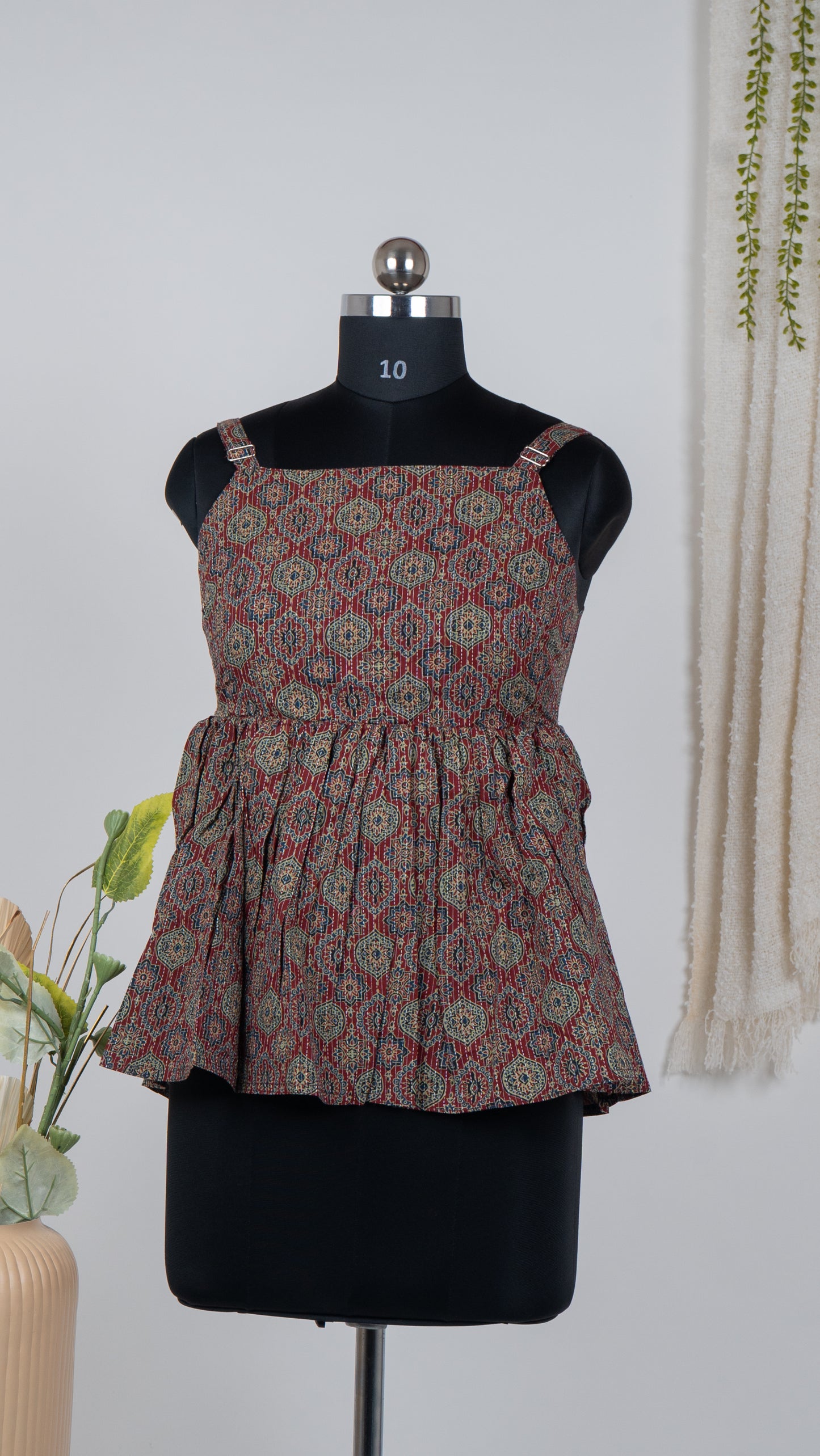 Dark Red  Medallion Print Cotton Tie-Back Dress