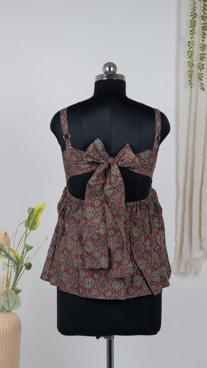 Dark Red  Medallion Print Cotton Tie-Back Dress