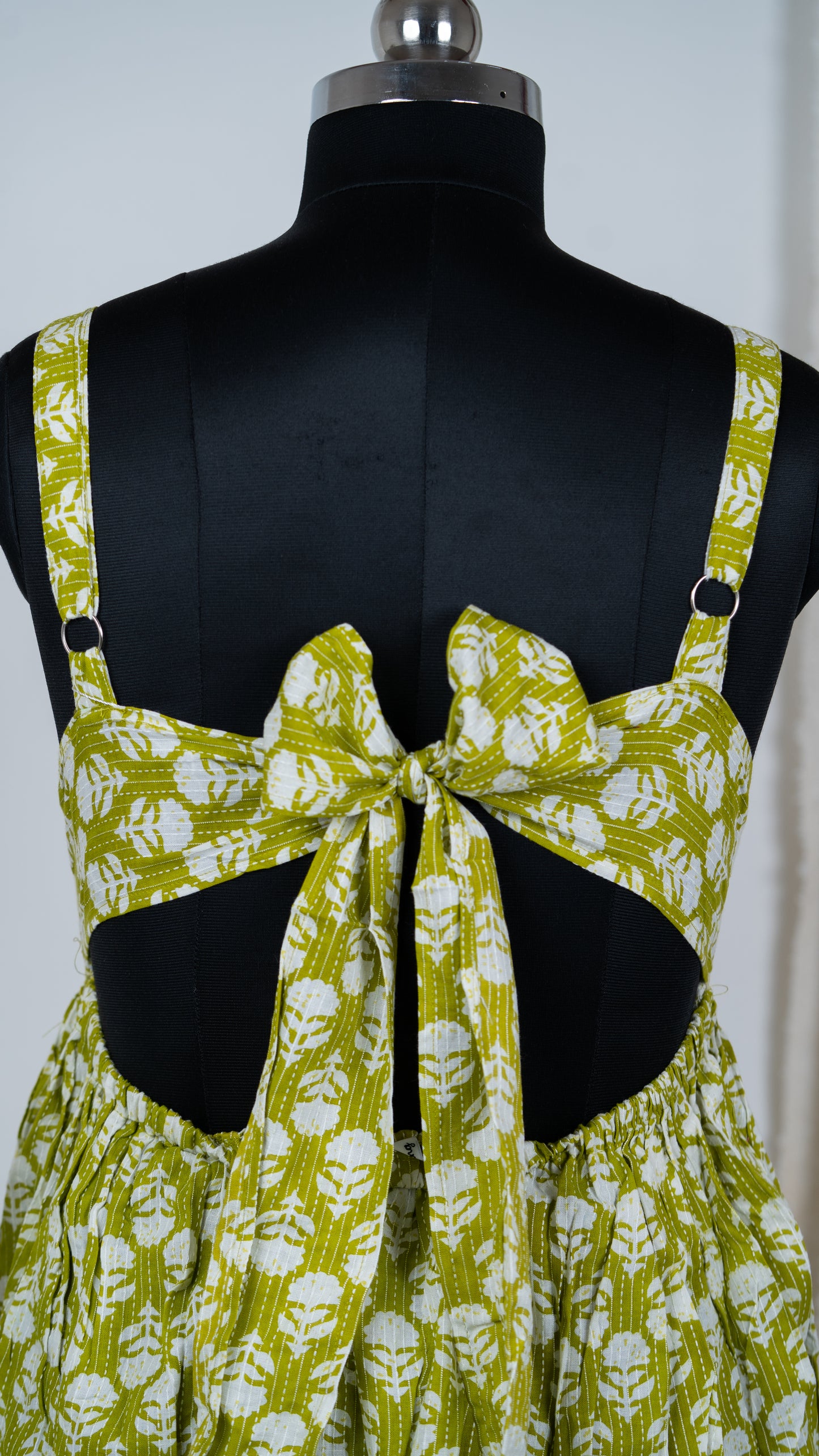 Lime Green Floral Block Print Cotton Tie-Back Dress