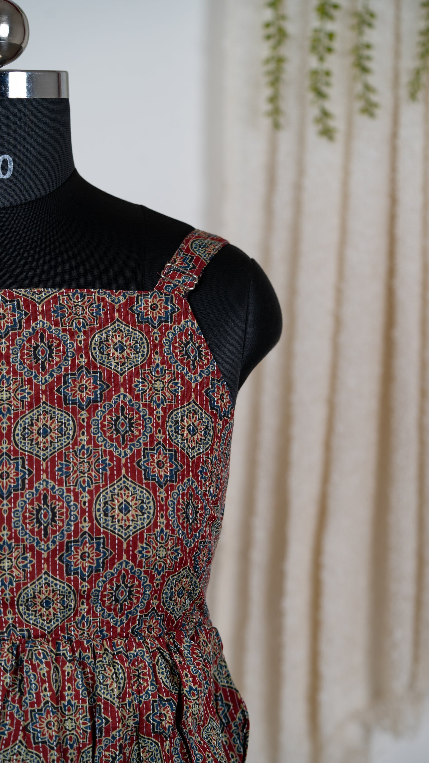 Dark Red  Medallion Print Cotton Tie-Back Dress