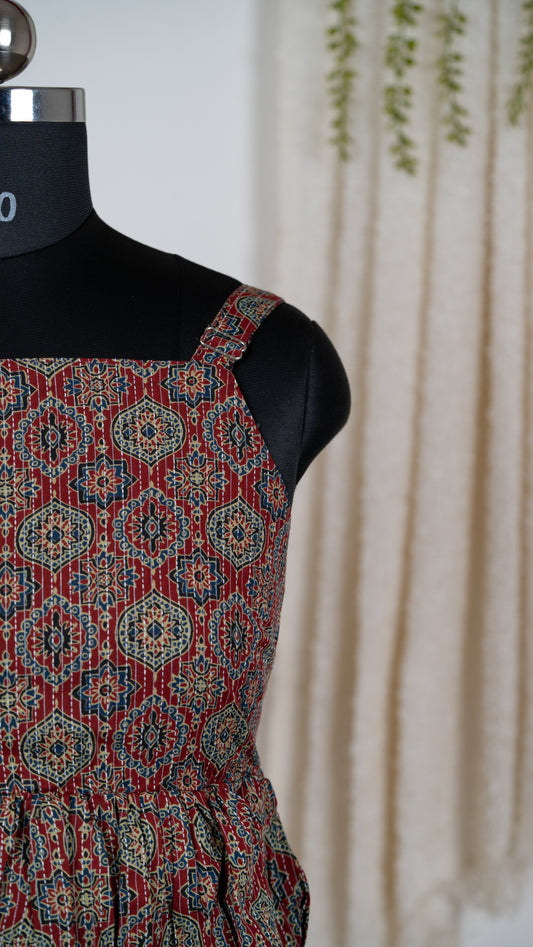 Dark Red  Medallion Print Cotton Tie-Back Dress