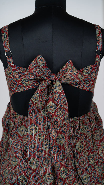 Dark Red  Medallion Print Cotton Tie-Back Dress