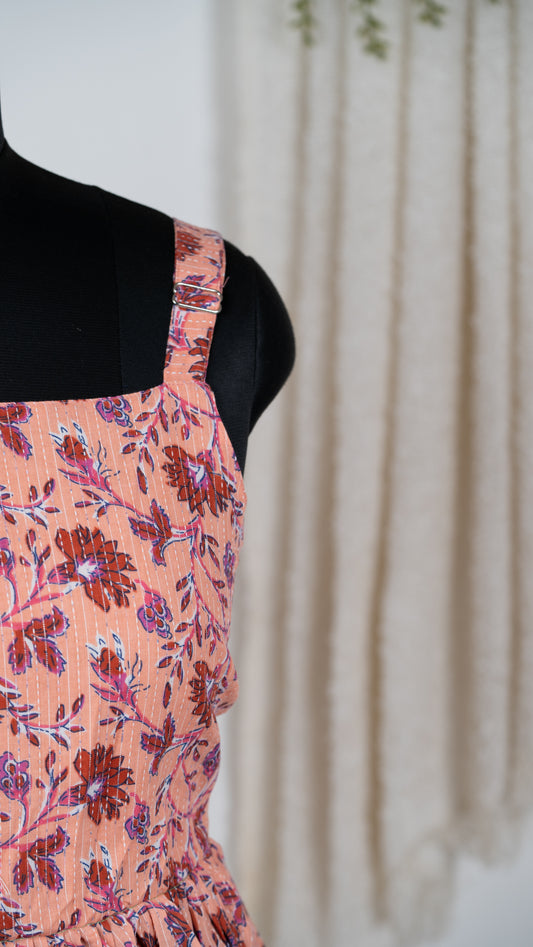 Peach Floral Hand Block Print Tie-Back Dress