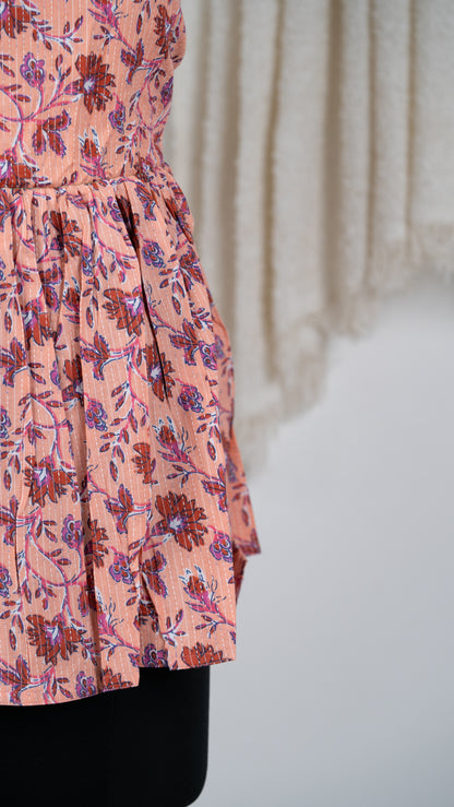 Peach Floral Hand Block Print Tie-Back Dress