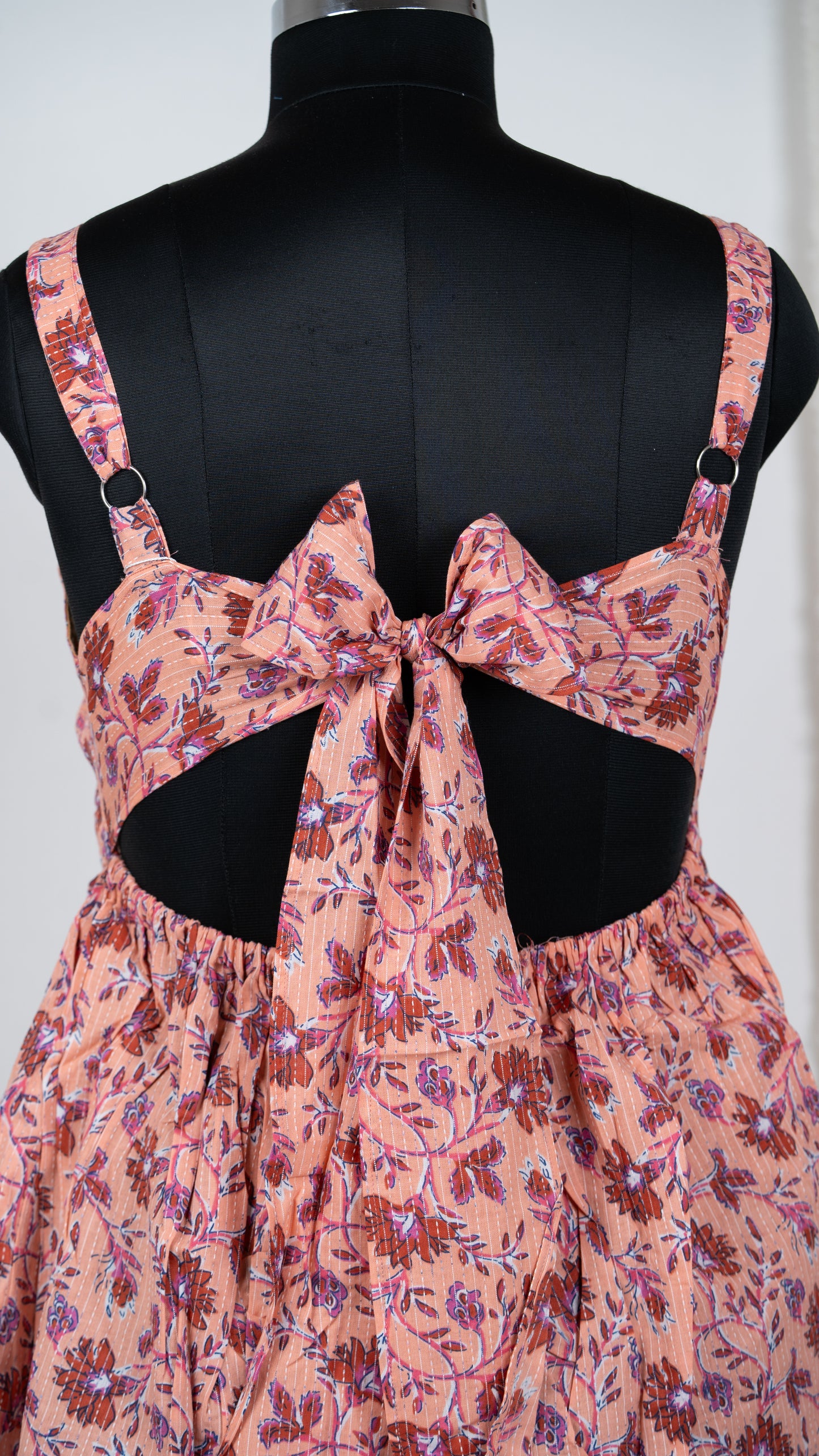 Peach Floral Hand Block Print Tie-Back Dress