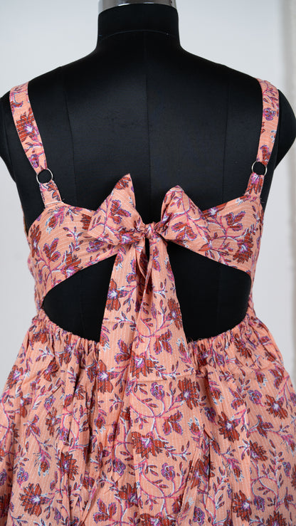 Peach Floral Hand Block Print Tie-Back Dress