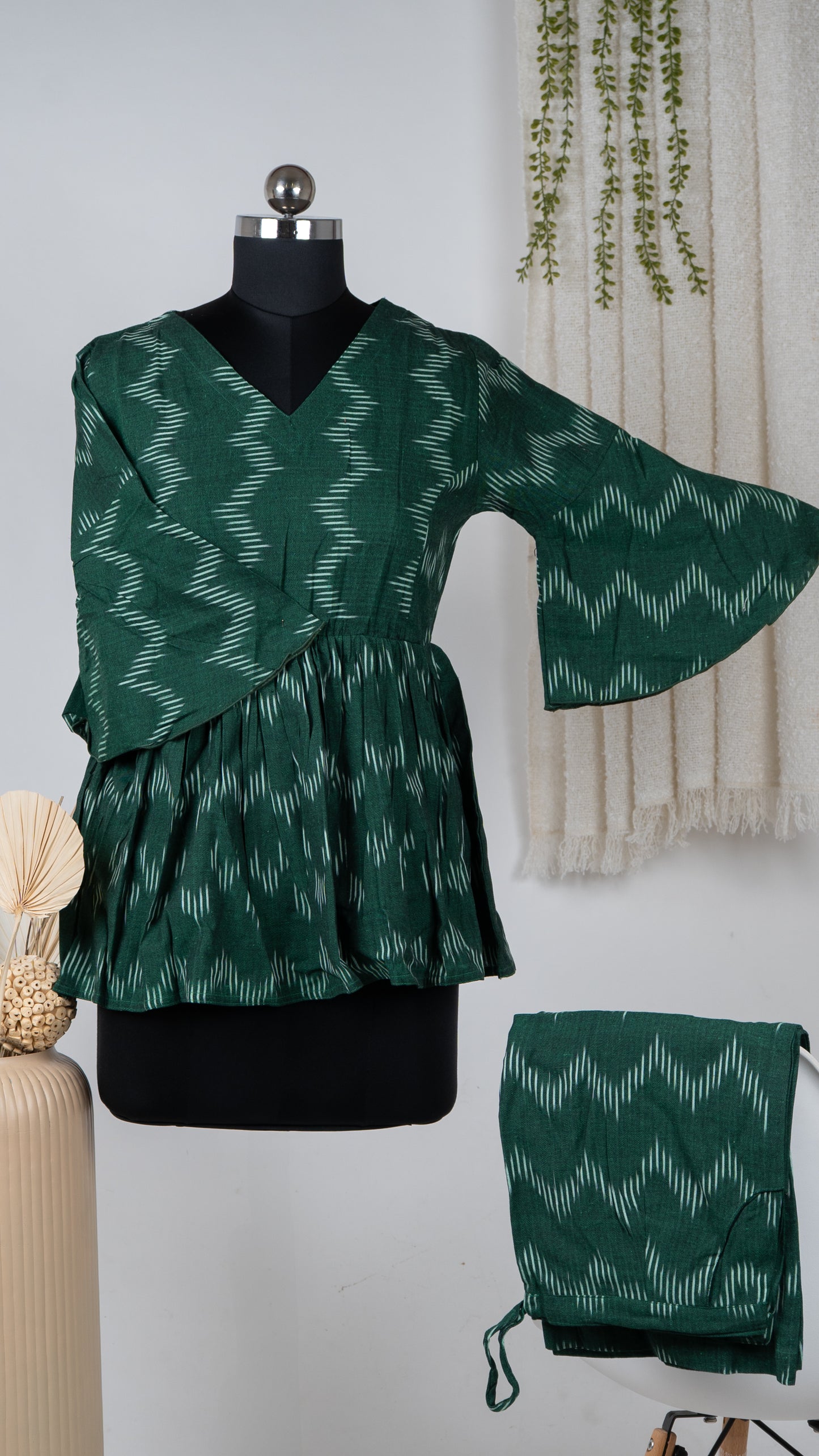 Green Ikat Cotton Co-Ord Set with Flared Sleeves