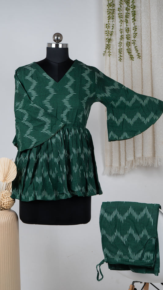 Green Ikat Cotton Co-Ord Set with Flared Sleeves