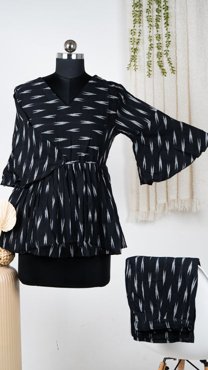 Black Ikat Cotton Co-Ord Set with Bell Sleeves
