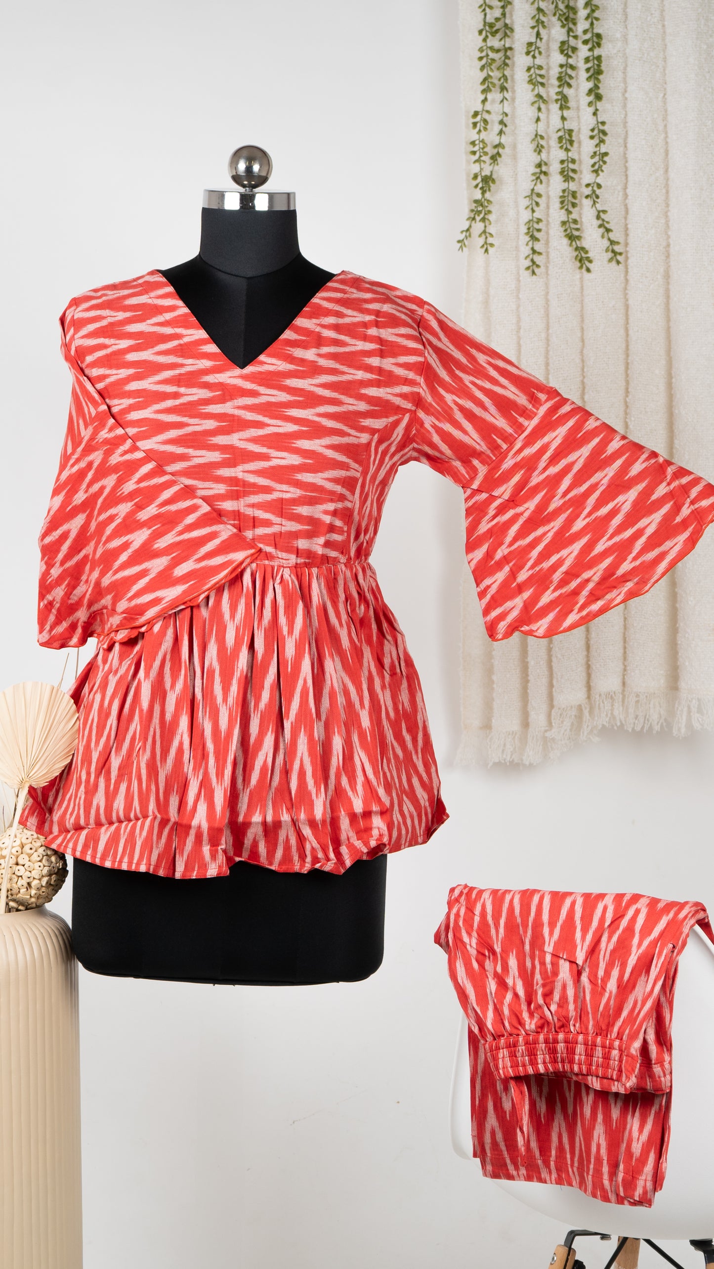 Red Ikat Cotton Co-Ord Set with Flared Sleeves