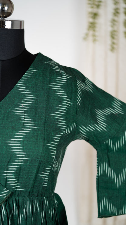 Green Ikat Cotton Co-Ord Set with Flared Sleeves
