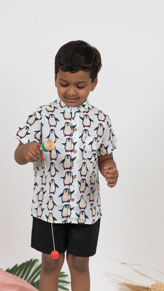 Penguin Print Cotton Shirt and Shorts Set