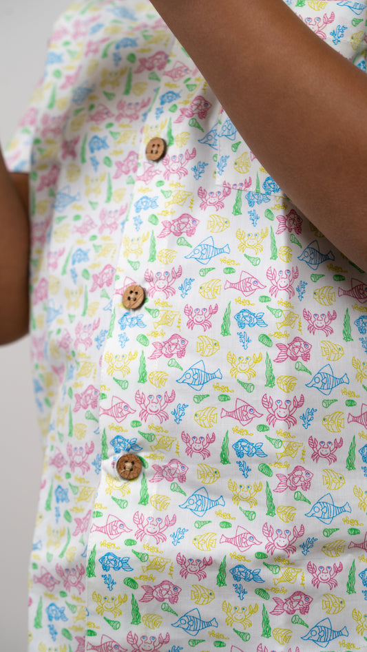 Sea Life Print Cotton Shirt and Shorts Set