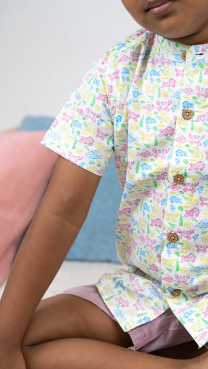 Sea Life Print Cotton Shirt and Shorts Set