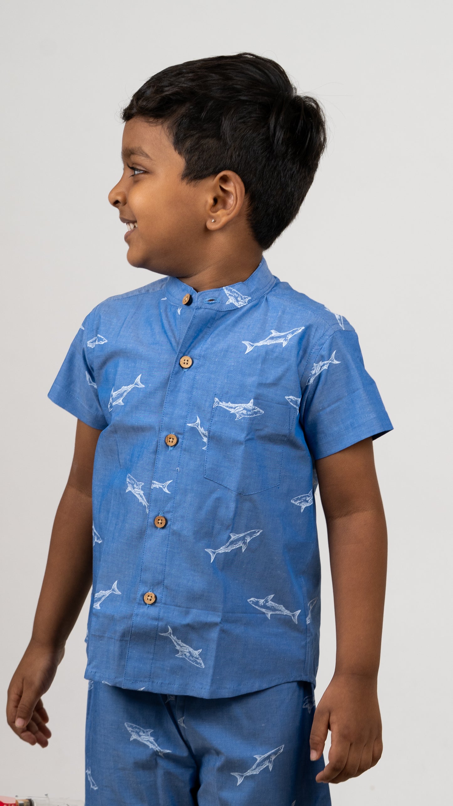 Boys Outfit: Shark Print Blue Cotton Shirt and Shorts Set