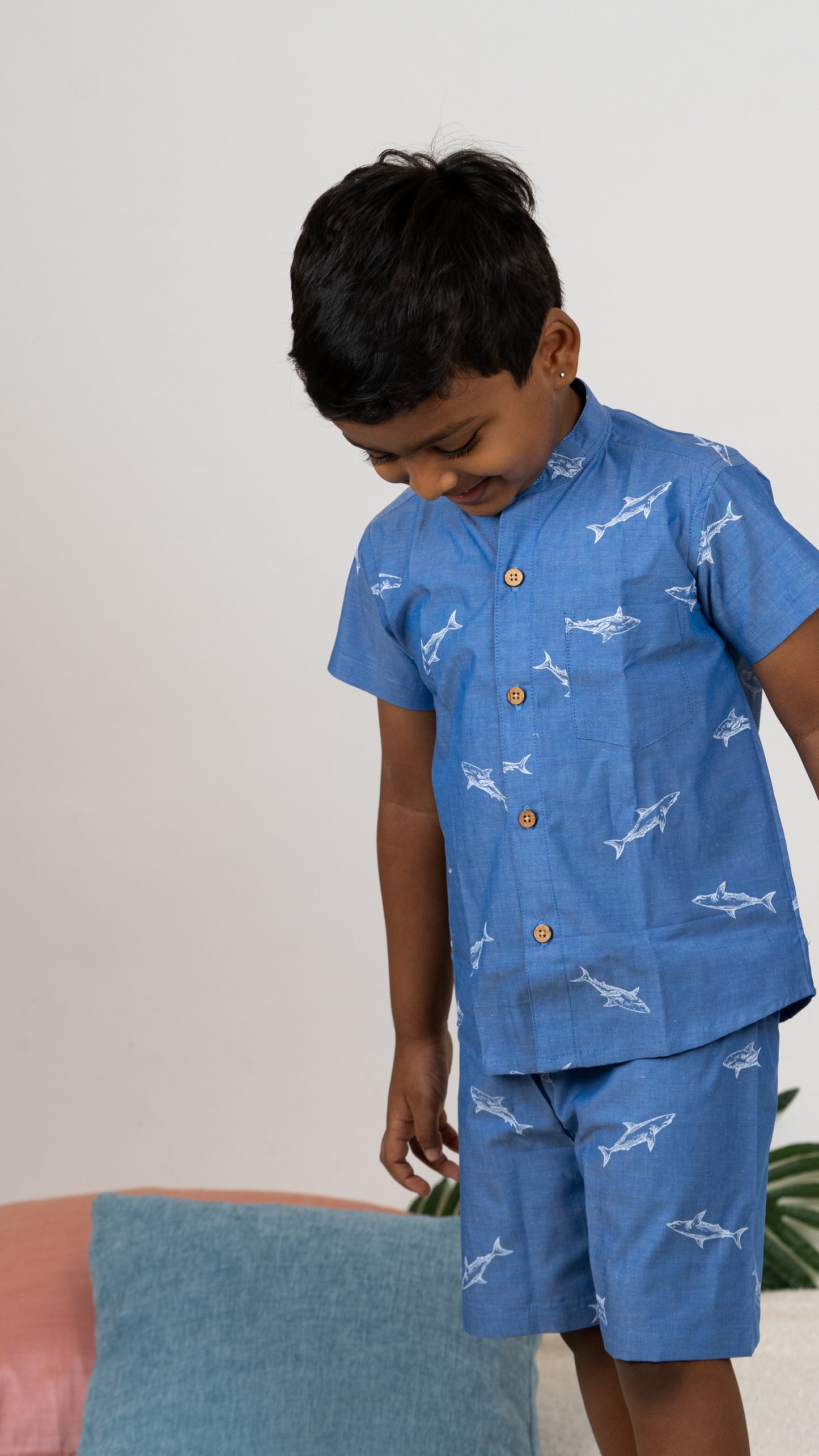 Boys Outfit: Shark Print Blue Cotton Shirt and Shorts Set