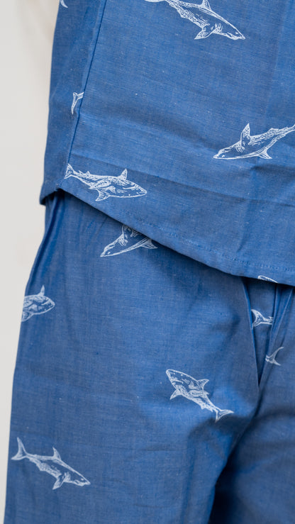 Boys Outfit: Shark Print Blue Cotton Shirt and Shorts Set