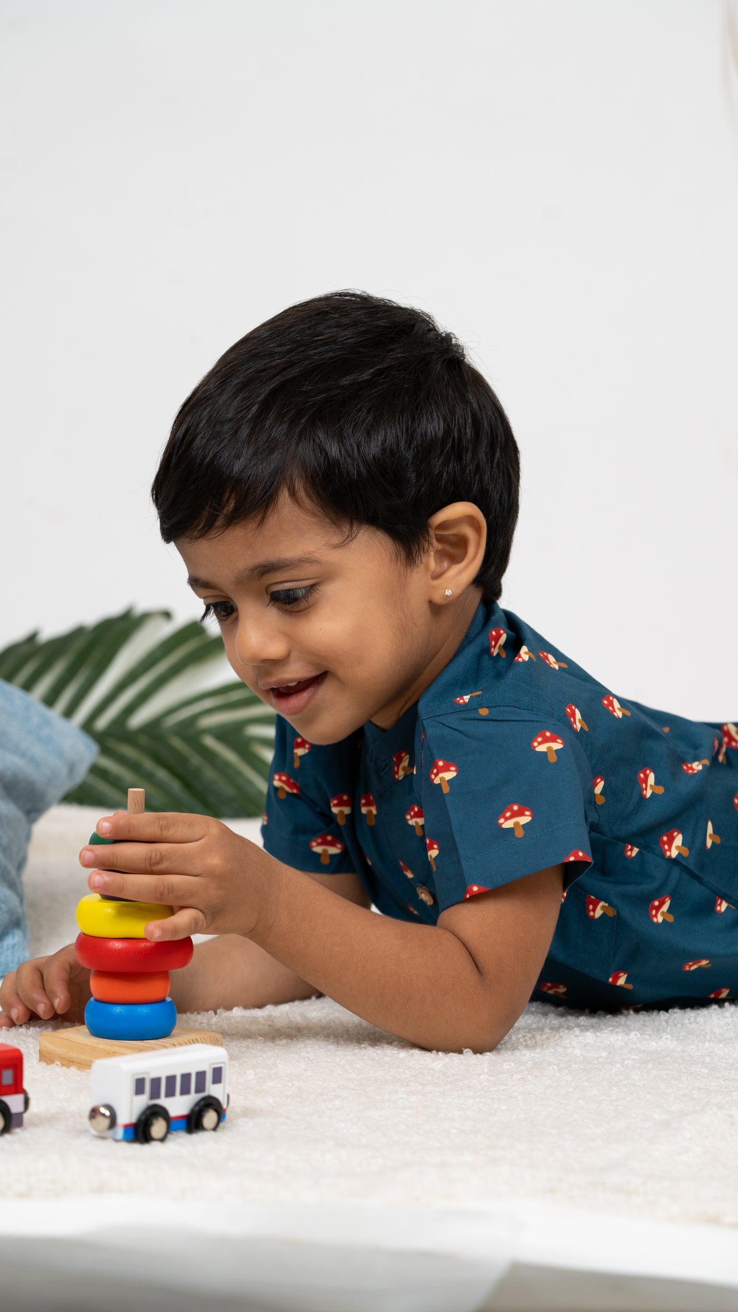 Boys Clothing: Mushroom Print Navy Cotton Shirt & Red Shorts Set
