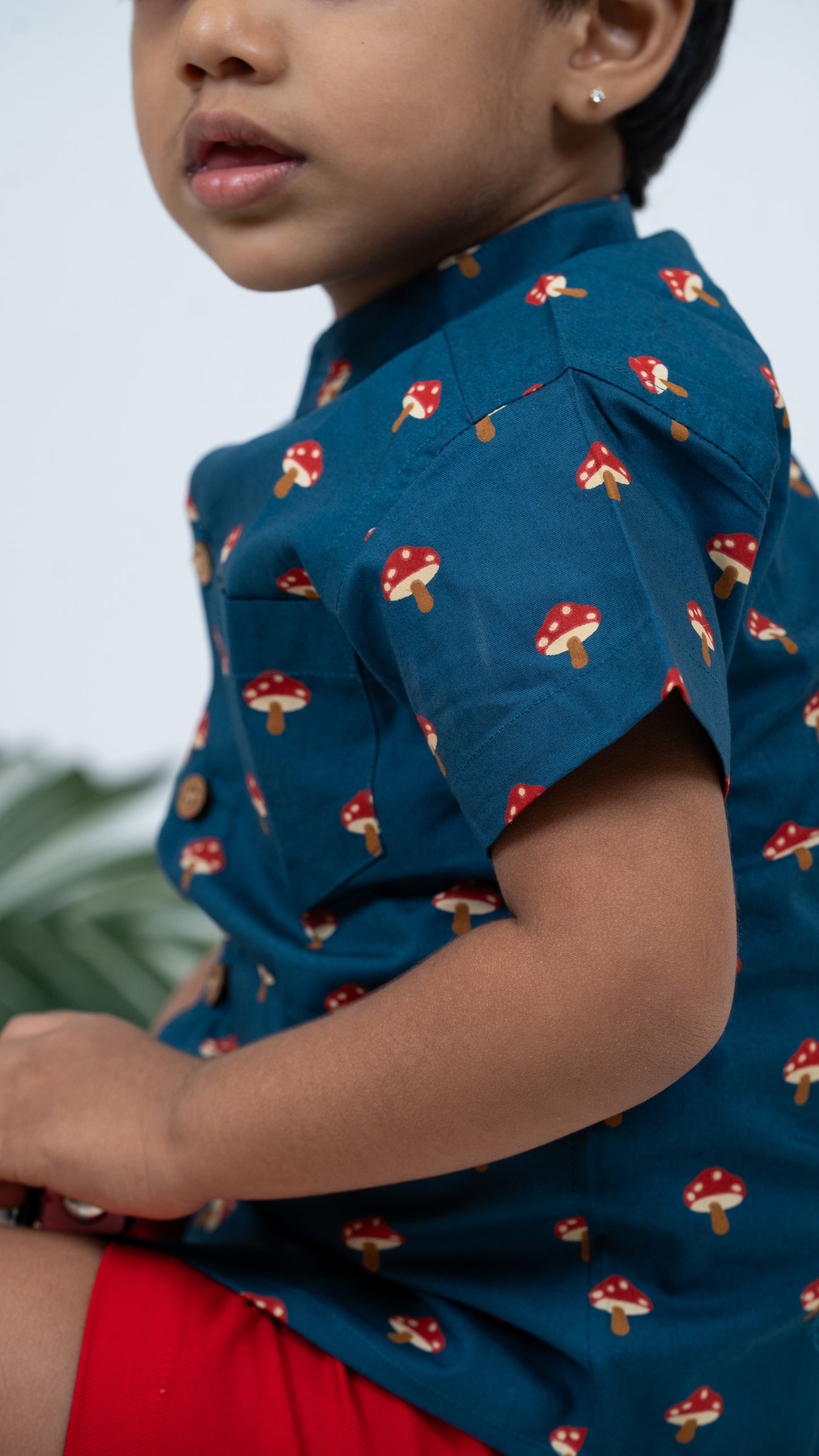 Boys Clothing: Mushroom Print Navy Cotton Shirt & Red Shorts Set