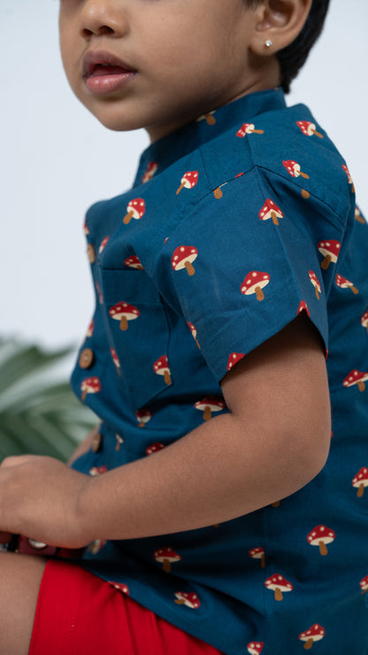 Boys Clothing: Mushroom Print Navy Cotton Shirt & Red Shorts Set