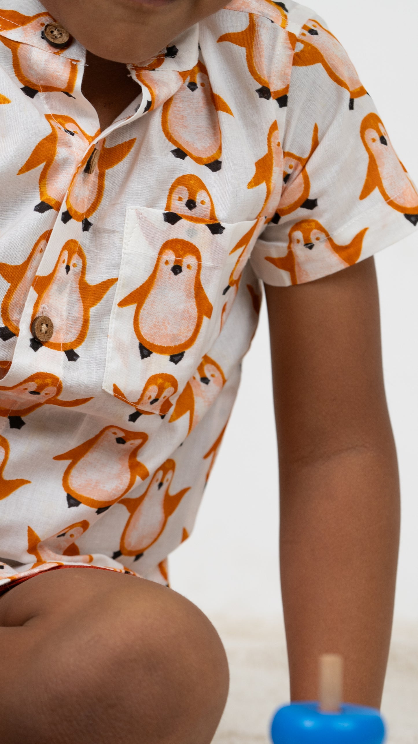Boys Cotton Outfit: Orange Penguin Print