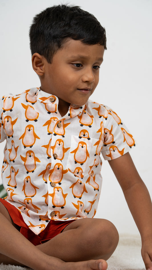 Boys Cotton Outfit: Orange Penguin Print