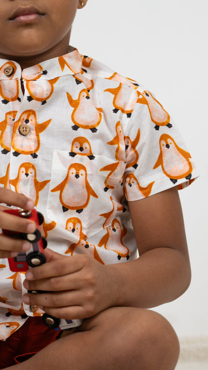 Boys Cotton Outfit: Orange Penguin Print