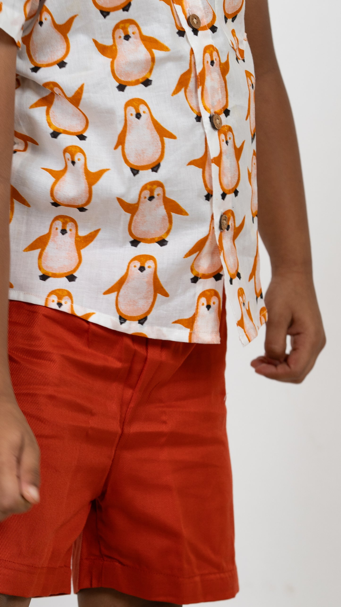 Boys Cotton Outfit: Orange Penguin Print