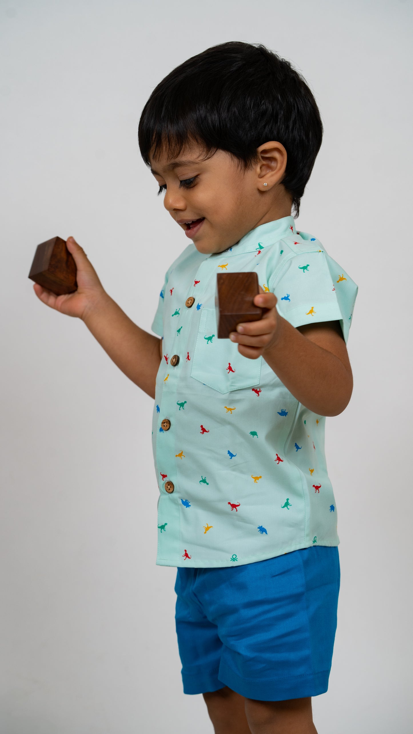 Pista Green Dino Print cotton shirt and Shorts Set