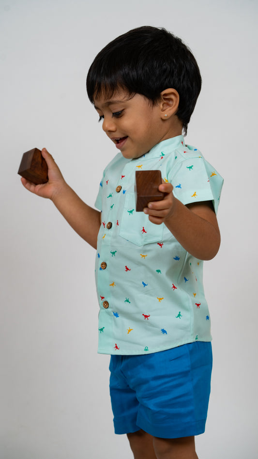 Pista Green Dino Print cotton shirt and Shorts Set