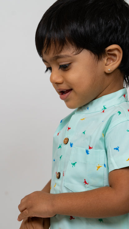 Pista Green Dino Print cotton shirt and Shorts Set