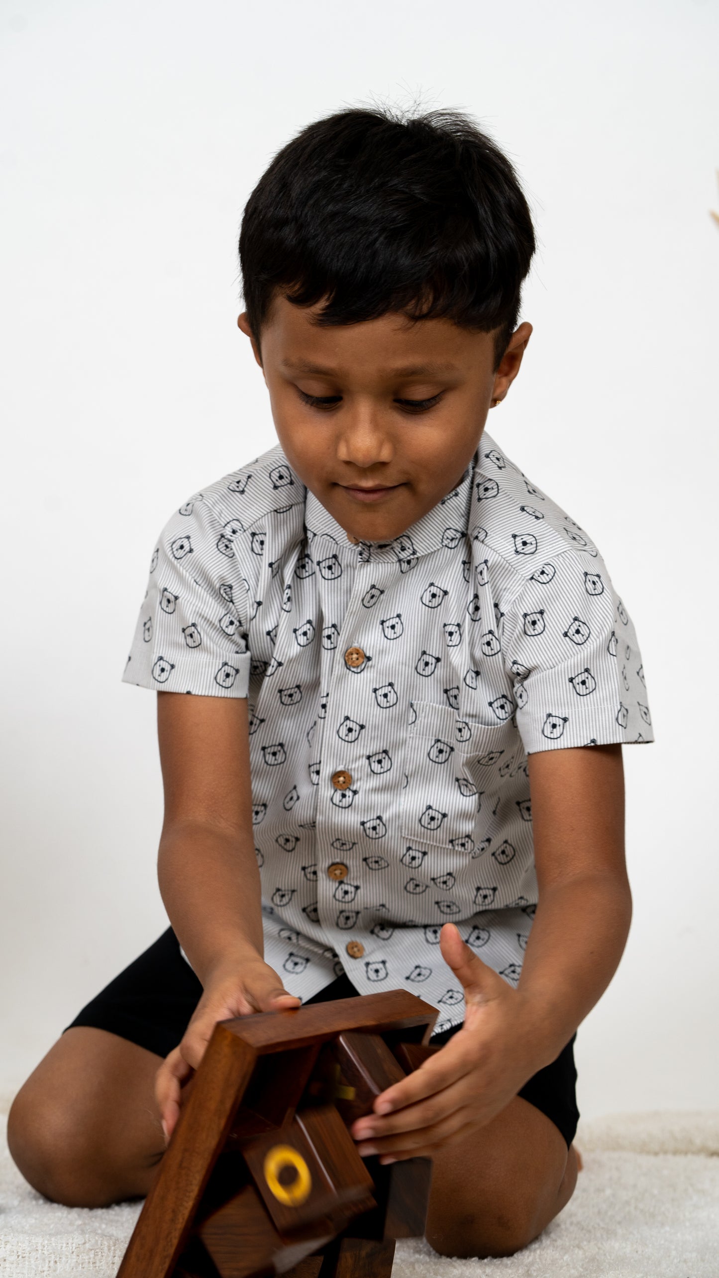 Boys outfit: Striped Bear Print Cotton Shirt and Black Shorts Set