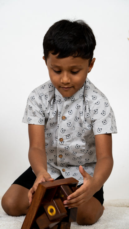 Boys outfit: Striped Bear Print Cotton Shirt and Black Shorts Set