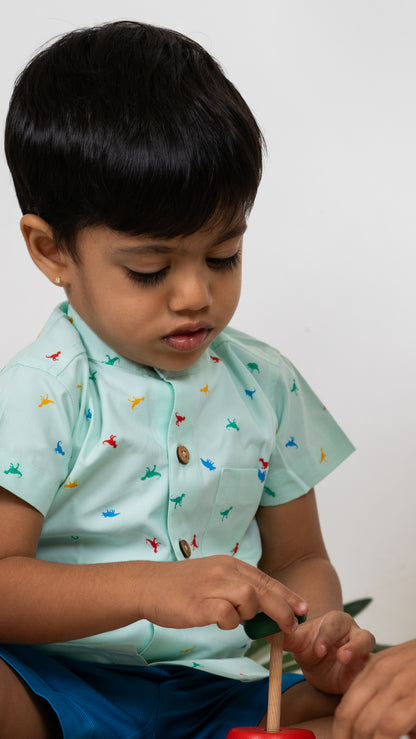 Pista Green Dino Print cotton shirt and Shorts Set