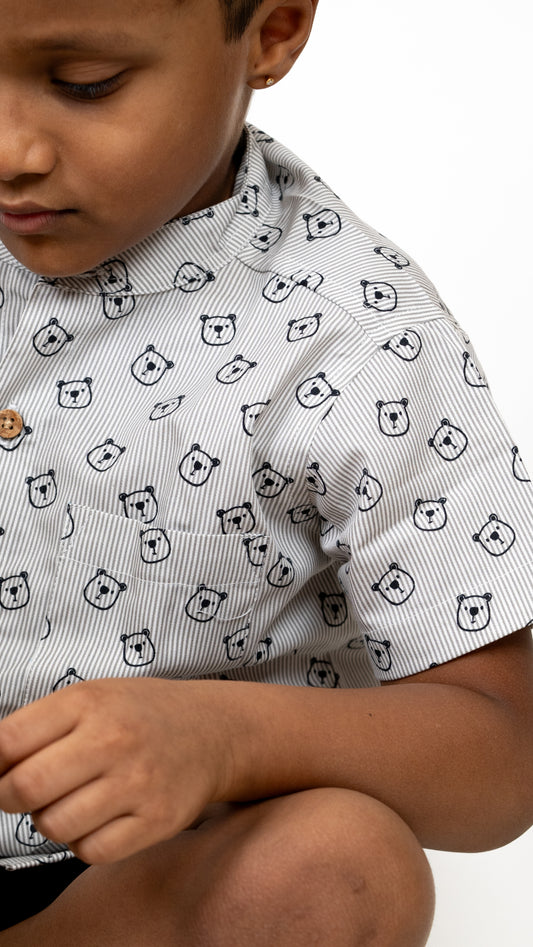 Boys outfit: Striped Bear Print Cotton Shirt and Black Shorts Set
