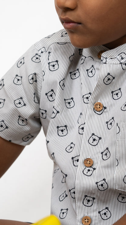 Boys outfit: Striped Bear Print Cotton Shirt and Black Shorts Set