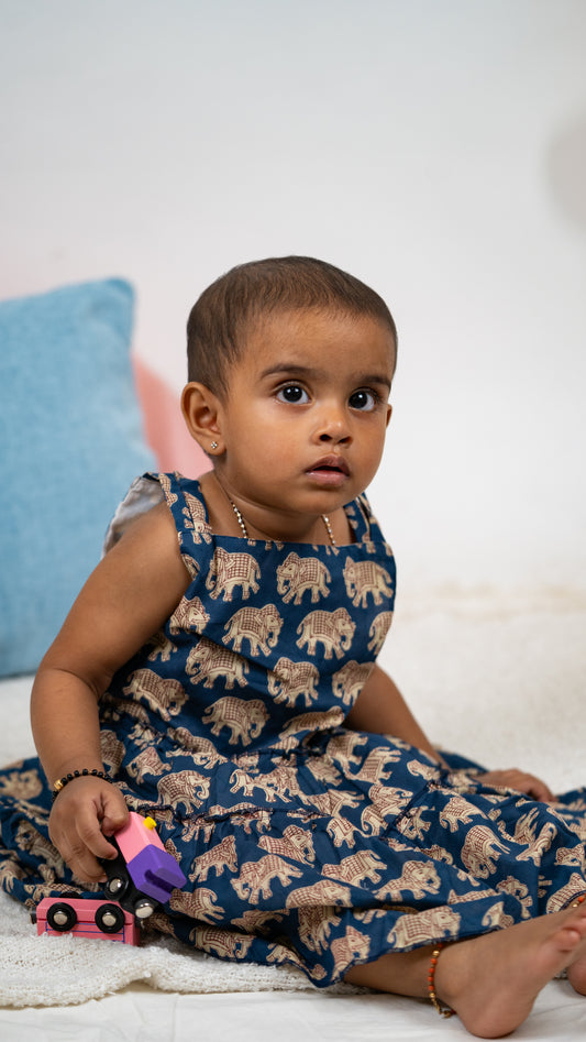 Girls Cotton Dress: Whimsical Elephant Print