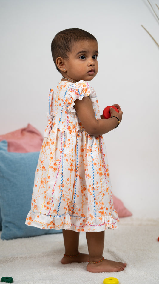 Girl Child White Dress with orange florals--Comfy Cotton