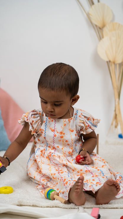 Girl Child White Dress with orange florals--Comfy Cotton
