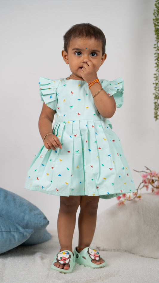 Pista Green Dino Print Cotton Dress