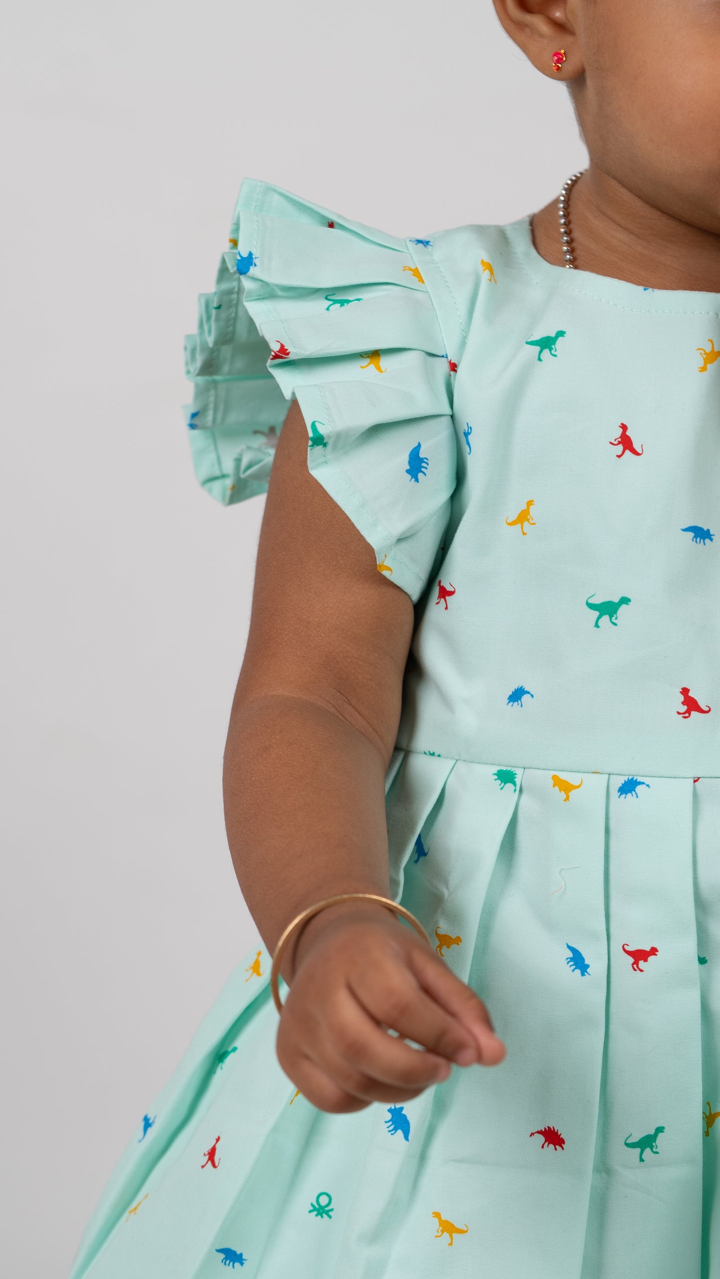 Pista Green Dino Print Cotton Dress