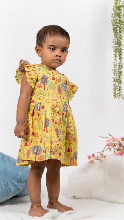 Yellow Forest print cotton dress