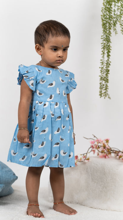 Light Blue bird print cotton dress
