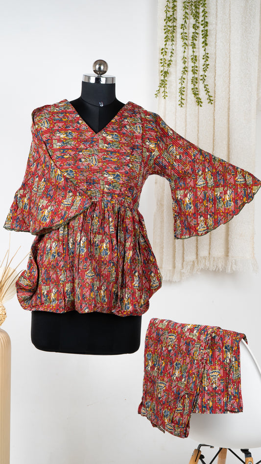 Red Multicolor Floral Cotton Co-Ord Set with Bell Sleeves